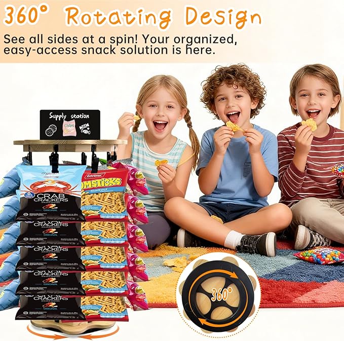 Chip Rack Display Stand 360° Rotating 5 Tiers 40 Clips Bar Snack Organizer Retail Display Rack Wooden Base Candy Holder for Concession Stand Countertop Party Store With Message Board (Flower)