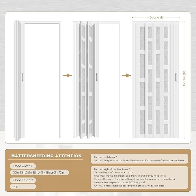 72X79in Frosted Acrylic Glass PVC Accordion Folding Door for Closet,Multifold Interior Door with Installation Hardware,Includes Handle and Latch,White Beech