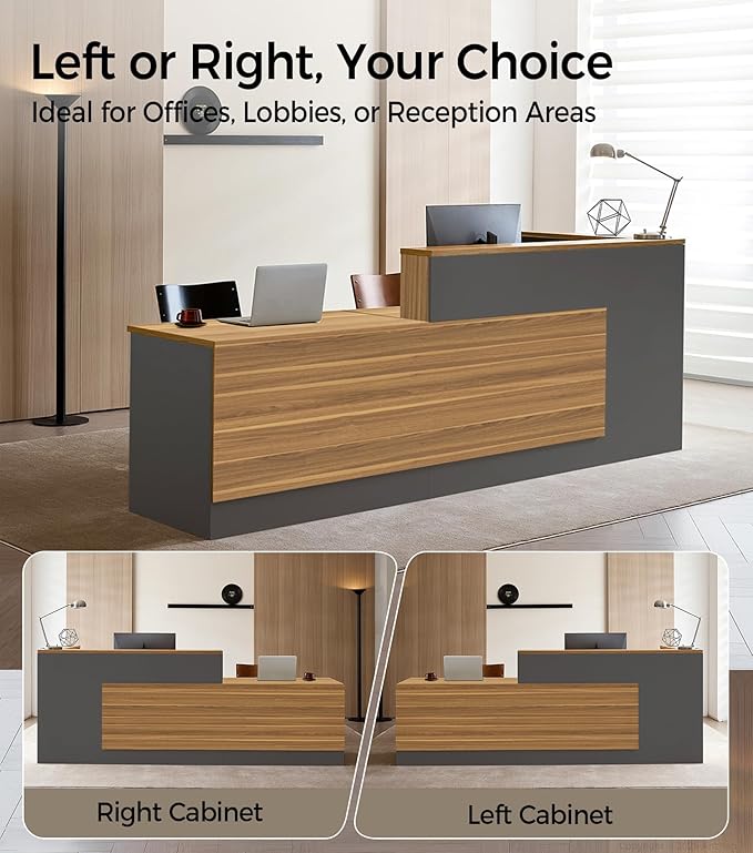 Modern L-Shaped Reception Desk with Counter - 71" Front Desk Reception Counter with Open Shelves, Lockable Drawer, Keyboard Tray & Modesty Panel for Office, Lobby, Salon, Spa, Retail Checkout, Left
