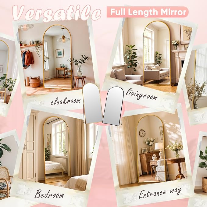 Full Length Mirror, 64" x 21" Arched Full Body Mirror Large Standing Floor Mirrors, Mirrors for Bedroom, Bathroom, Living Room Standing or Wall Leaning, Gold