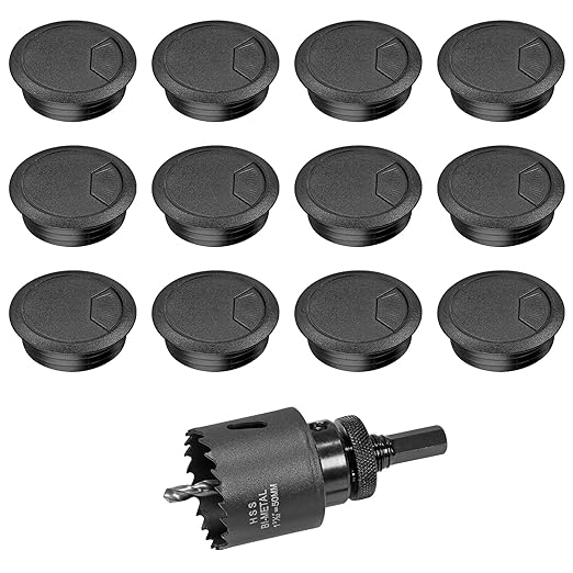 2" Spring Desk Grommet, JTemgle Plastic Cable Hole Cover with Hole Saw Computer Table Cord Wire Organizer Caps Desktop Cord Management for Home Office TV Stands Tabletops - Black, 13 Pcs