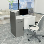 L Shaped Reception Desk with Lockable Drawer and Storage, Front Desk Reception Room Table, Checkout Retail Counter for Office Lobby Cafe Salon (White+Grey, 39.4"(L) x23.6(W) x39.4(H))