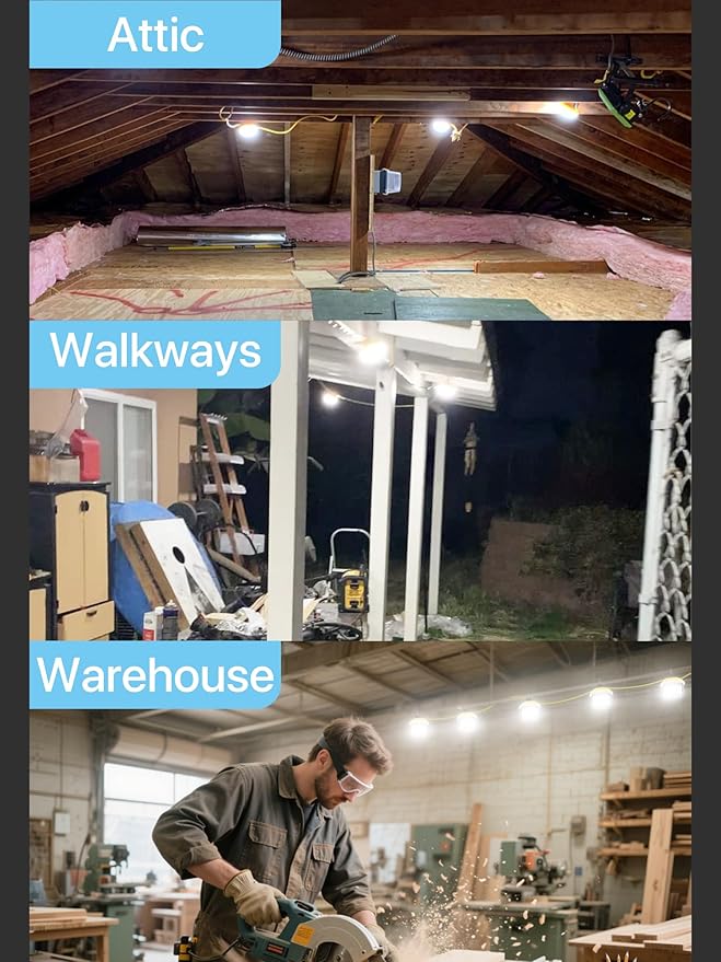 HYPERLITE LED Construction String Lights: 50FT LED String Work Lights with 5 Bulbs - IP65 Waterproof Linkable Temporary Lighting for Job Site Attic Renovation Crawlspace Lighting