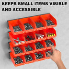 Ultrawall Wall Mounted Storage Bins, Plastic Hanging Storage Organizer Bins, Garage Tool Storage System for Screws, Nuts, Bolts, Nails, and Small Hardware Parts, 16x bins & 4 x rails, Orange