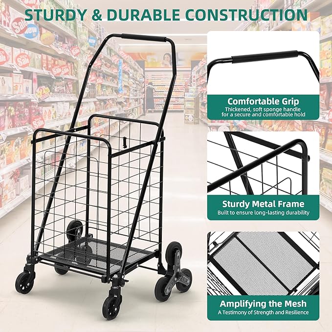 YITAHOME Folding Stair Climber Cart, 360° Swivel Wheels & Tri-Wheel Design, Heavy Duty Utility Cart for Shopping, Laundry, Travel & Stairs, Ideal for Seniors