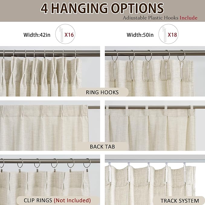 RAIN CITY Natural Pinch Pleated Curtains 63 Inches Long 2 Panels Set, Textured Natural Linen Blend Slub Yarn Sheer Window Drape for Small Windows Bedroom 42 by 63 Inch