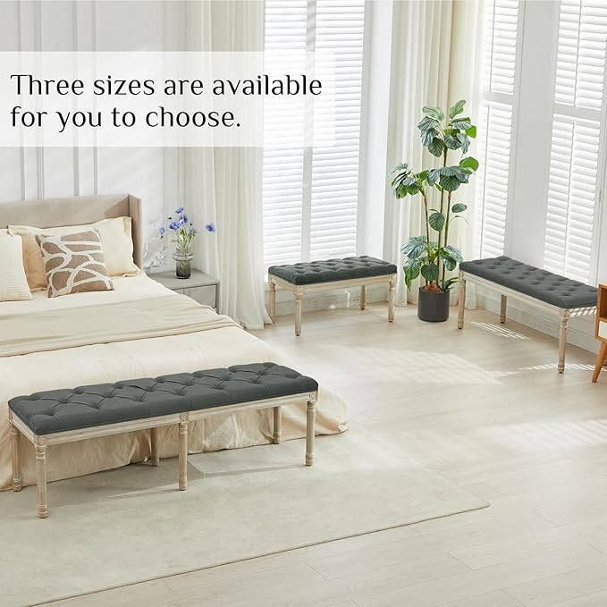 LOULENS 43.9" Linen Fabric End of Bed Bench, Vintage French Upholstered Button Tufted Entry Bench, Window Seat with Carved Wood Legs for Bedroom, Living Room, Entryway, Foyer, Hallway, Dark Grey