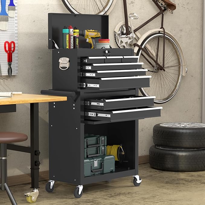8-Drawers Large Tool Chest, 2-in-1 Detachable Garage Rolling Tool Box Metal Tool Storage Cabinet Removable Lockable Tool Cart with Wheels and Drawers