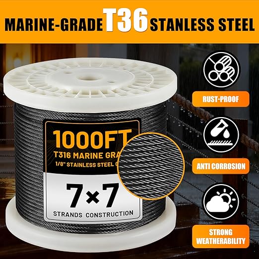 AHEONLAR 1000FT 1/8" T316 Stainless Steel Cable for Railing,7x7 Wire Rope with Cutter,1850 lb Breaking Strength,Deck Stair Fence Hardware Kit for Indoor Outdoor Use,Black