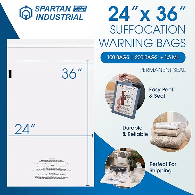 Spartan Industrial - 24" X 36" (200 Count) Self Seal Clear Poly Bags with Suffocation Warning for Packaging, Shipping - Permanent Adhesive