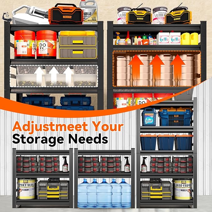 Adjustable 5-Tier Garage Shelving, Heavy Duty Steel Storage Shelves, High Load Capacity Shelf, Ideal for Garage, Warehouse, or Home Organization (with Fences, 36" W*16" D*72" H)