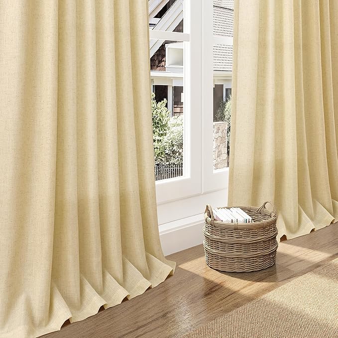 Nanspring Cream Yellow Curtains 72 Inches Long for Living Room Linen Blend Light Filtering Modern Farmhouse Semi Sheer Curtains Back Tab Privacy Neutral Curtain for Bedroom Office 52x72,2 Panels