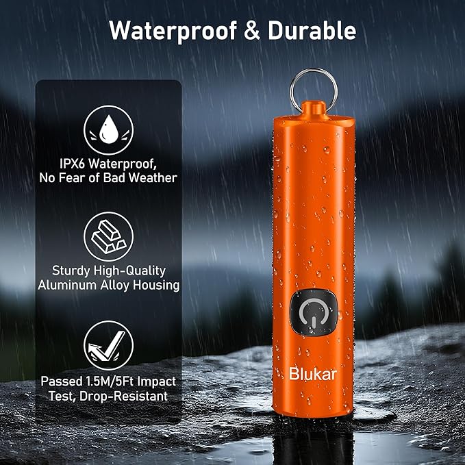 Blukar Rechargeable EDC Flashlight, Mini Keychain Flash Light with 3 Lighting Modes, Memory Function, Waterproof, Compact and Portable Pocket Light for Everyday Carry, Emergency,Camping-Orange