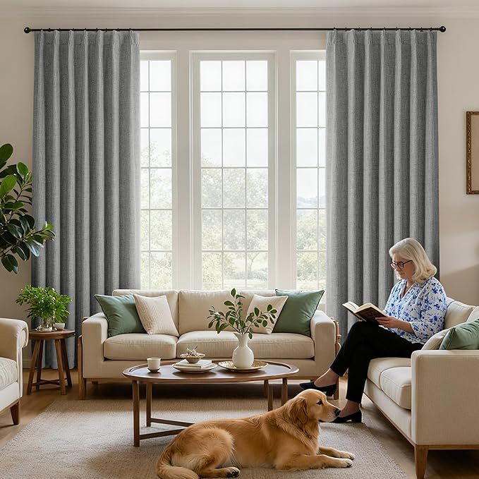 Joydeco Pinch Pleated Curtains - 100% Blackout for Bedroom, Light Grey Linen Curtains 40" W x 84" L, Thermal Insulated 2 Panels Light Blocking Drapes, Back Tabs for Living Room