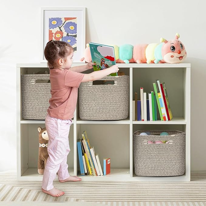Shelf Woven Storage Basket, 15 x 10 x 9” Closet Rope Baskets For Organizing, Square Bins with Handles, Brown