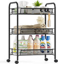 Metal Rolling Utility Cart, 3-Tier Mesh Wire Storage Trolley with Easy Assembly, Organizer Craft Cart 3 Hooks, Mobile Shelving Unit for Kitchen, Bathroom, Laundry Room, and Home