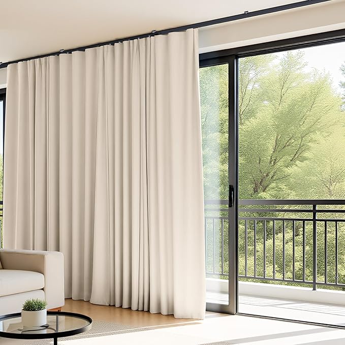 Room Divider Curtains Flexible Ceiling Tracks Set Curtain Track Ceiling Mount Blackout Curtain for Living Room Bedroom Ceiling Curtain Rod Privacy Dividers Panels W100 x H96 Beige Drape & Black Rail