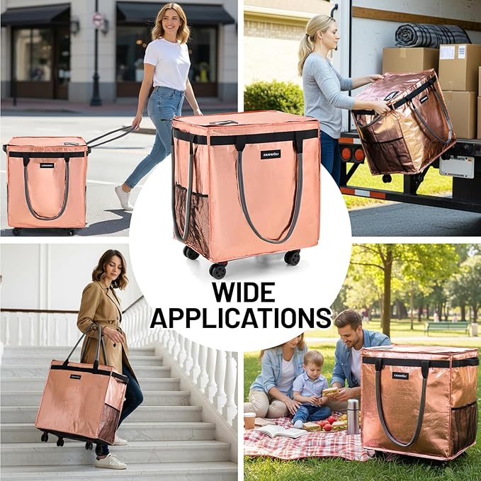 (Large) Fanwoli Reusable Grocery Bag On Wheels with Removable Liner | Wrinkle-Resistant Fabric | Enhanced Stability Wheels & Extended Handle | Foldable Shopping Trolley for Laundry, Carries Up to 130L