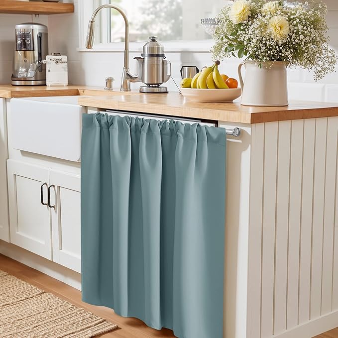 PONY DANCE Blackout Short Cafe Curtains, Privacy Light Block Small Window Curtains for Bedroom Kitchen Basement Dining Classroom, W 29 x L 24 inches, Greyish Blue, 2 Panels