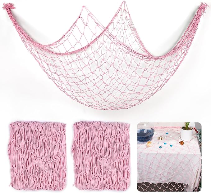 2 Pcs Fish Net Decorations, 39x78 Inch Cotton Nautical Themed Fishing Net, Wall Hanging Photo Display Fishnet for Coastal Bedroom Bathroom, Pirate Hawaiian Beach Under The Sea Party Decor, Light Pink