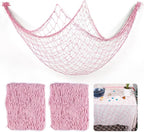 2 Pcs Fish Net Decorations, 39x78 Inch Cotton Nautical Themed Fishing Net, Wall Hanging Photo Display Fishnet for Coastal Bedroom Bathroom, Pirate Hawaiian Beach Under The Sea Party Decor, Light Pink