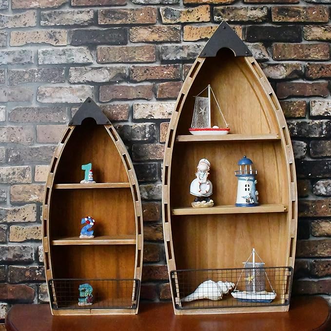 Wood Hanging Boat Shelf Set Nautical 3-Tiered Shelves for Living Room Bathroom Bedroom - Beach Themed Decorative Bookcase Wooden Wall Art Ornament Display Shelf Rustic Coastal Home Decor