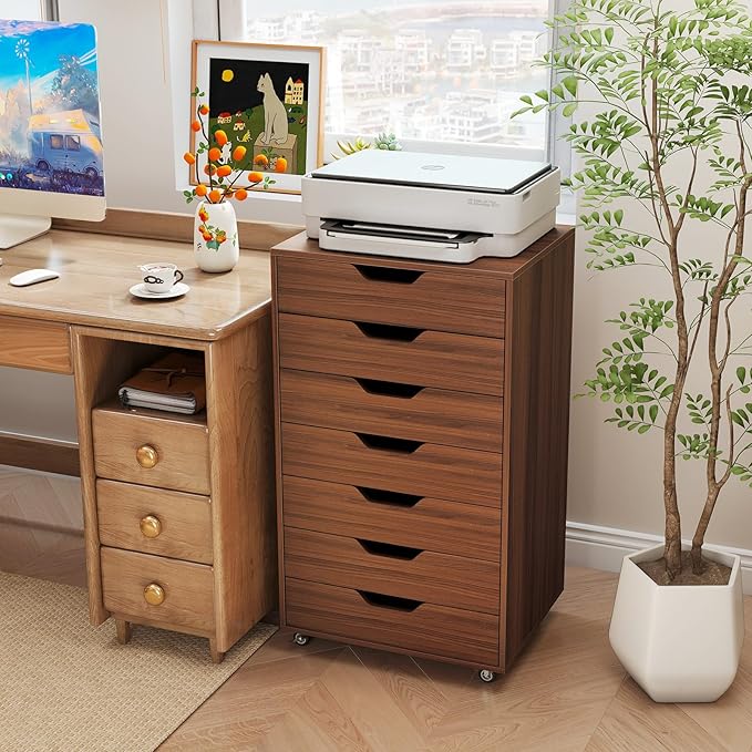 7 Drawer File Cabinet, Mobile Filing Cabinet w/Universal Wheels, Wood Printer Stand with Storage, Rolling File Cabinets for Home Office, Living Room, Bedroom (Walnut, 7 Drawers)