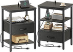 SUPERJARE Nightstand Set of 2, Bed Side Tables with Charging Station, Adjustable Fabric Drawer, Night Stand for Bedroom, 3-Tier Storage End Tables, Black