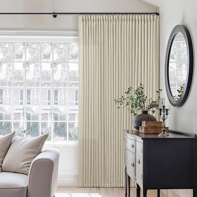108 Inch Linen Curtains 2 Panels Set Pinch Pleated for Living Room Bedroom Memory Training Shaped Semi Sheer Neutral Beige Tan Flax Burlap Pleat Drapes Hooks Rings Light Filtering Window Curtain