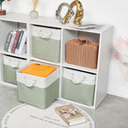 13 x 13 Inch Extra Large Storage Cubes,6 Pack Cube Storage Bins for Shelves，Fabric Collapsible Storage Bins with Handles, Foldable Storage Basket for Organizing Clothes, Toys (White&Green)