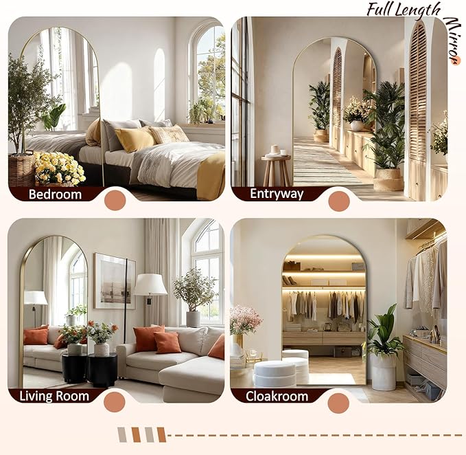 EOGOW 65" x 22" Arched Full Body Mirror,Standing or Leaning Tempered Glass Shatterproof Full Length Mirror with Stand for Bedroom Living Room Entryway,Gold