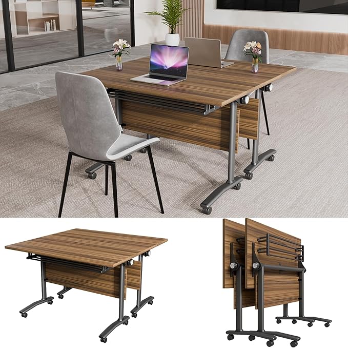 Conference Table, Modern Folding Meeting Tables with Flip Top, Mobile Podcast Table with Four Locking Wheels, Large Training Table for Meeting Room, Office, Classroom (2, A, 55.1in)