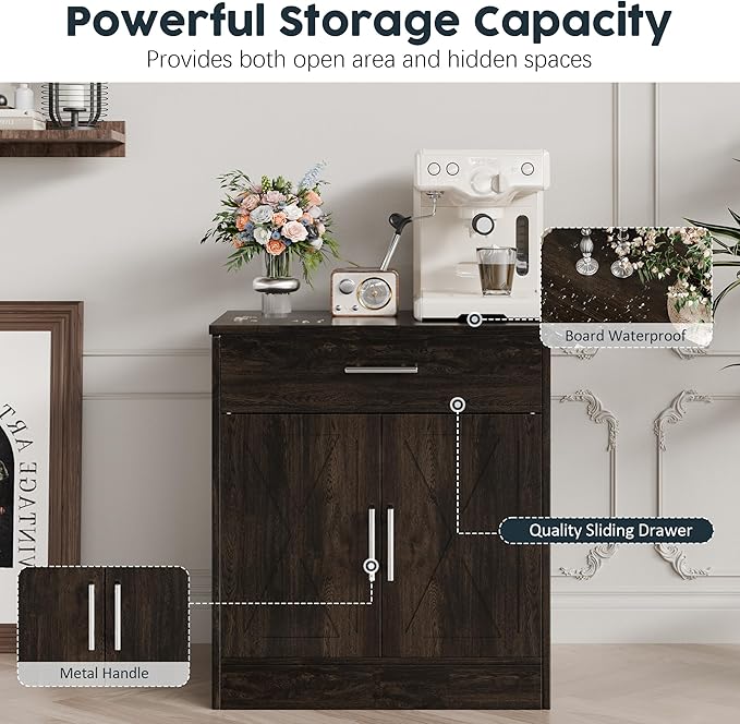 SUNLEI Kitchen Buffet Sideboard Cabinet, Wooden Storage Cabinet with 2 Doors & 1 Drawers, Modern Farmhouse Coffee Bar Cabinet with Storage for Living Room, Adjustable Shelf, Brown