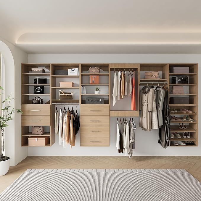 Medium Double Hanging Closet Unit, Modular Closet System, Wood Closet System Organizer with Storage for Walk In Closets, Clothing Rack Closet for Hanging Clothes, Bedroom, Wood, 31.5"W