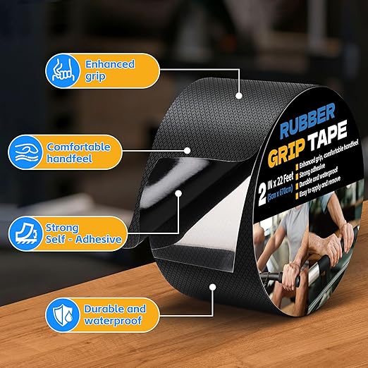 Rubber Grip Tape, 2 in x 22 Ft Black Ultra-Thin Strong Adhesive Non-Slip Tape, Anti-Slip Grip Tape for Handles, Waterproof Heat Resistant Cushion Grip, Comfortable in Hands