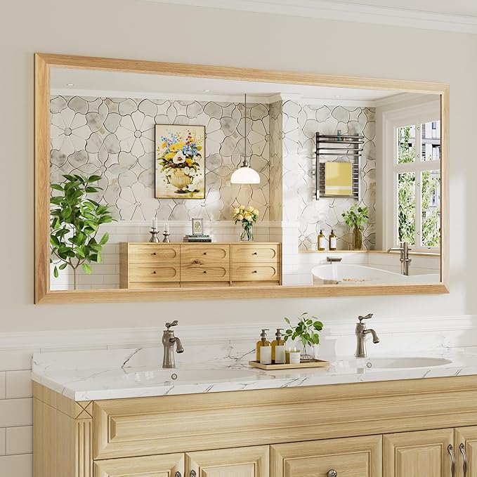 72x36 Inch Bathroom Mirror for Wall, Anti-Rust Oak Wood Grain Metal Framed Bathroom Mirrors for Over Sink,Rectangler Mirrors for Bathroom Vanity, Farmhouse, Bedroom, Living Room, Entryway Decor
