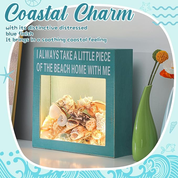 Juexica Seashell Holder with Light Display Box Room Decor Ocean Themed Gifts for Christmas Display Case Sea Shells Beach Coastal Decor Acrylic Wall Hanging (Blue,Beach)