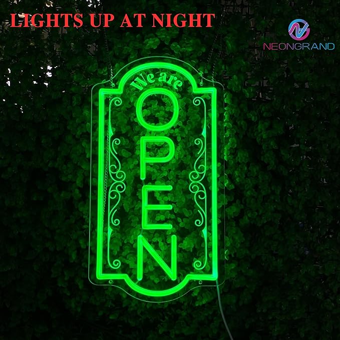 Vertical open sign Vertical Open Led Sign Neon Sign business window light vertical open signs for business (Green, 16.5x9'')