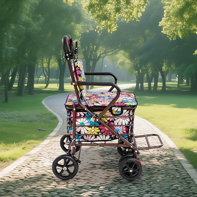 Shopping Cart, 220lbs Foldable Shopping Cart, Utility Cart with Seat & 360° Wheels, for Groceries, Laundry, Camping (Flower)