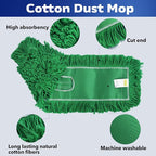 Matthew Cleaning 24'' Industrial Strength Cotton Dust Mop Refill Washable Replacement Heads for Residential & Commercial Use Fit Standard Dust Mop Frames, Hardwood,Concrete Floors Green 12 Pack