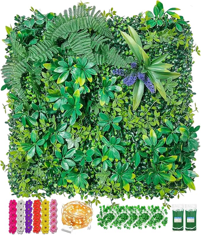Artificial Grass Wall Panels for Indoor Outdoor, 16 Pack 20"x20" (44.53 Sq.Ft), Boxwood Panels, Greenery Backdrop for Home & Event Decor for Wedding with DIY Vine, Violet Flower, Light Strip