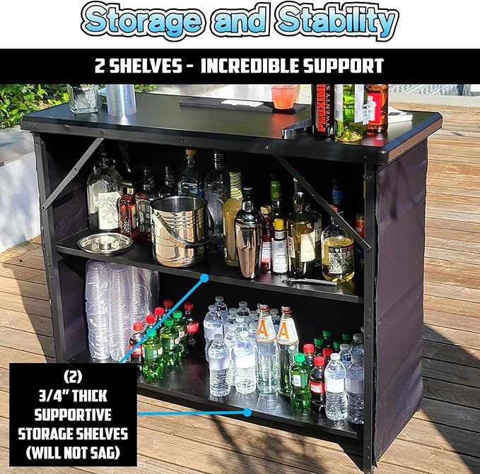 PartyLife Premium Portable Bar Table w/Folding Legs, Black Fabric Bar Skirt, 2 Storage Shelves & 2 Carrying Bags | Commercial Grade | Strong & Sturdy - White