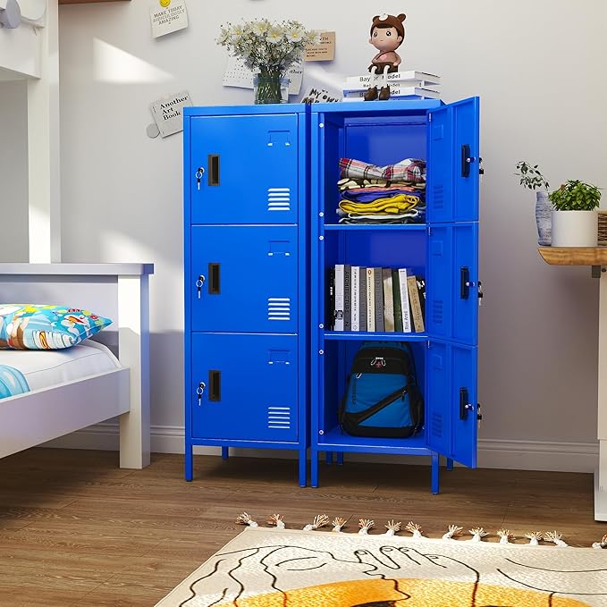 Aobabo 16" W 3 Door Metal Storage Locker with Lock, 47" H Steel Locker with Name Card Holder and Metal Leg for School, Home, Office, Playroom, Assembly Required, Blue