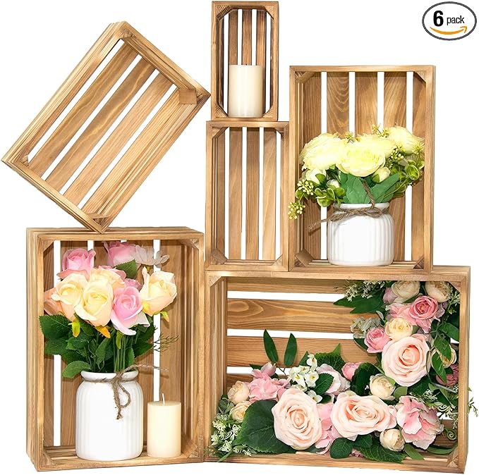 Wooden Crates for Display 6 Pack Extra Large Rustic Nesting Wooden Basket with Handle, Decorative Farmhouse Wood Crate for Storage and Container, 6 Size Wood Basket Decor Boxes