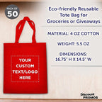 DISCOUNT PROMOS Custom Cotton Canvas Tote Bags Set of 50, Personalized Bulk Pack - Reusable, Great for Shopping, Grocery, Beach, Picnic, Wedding Favors - Red