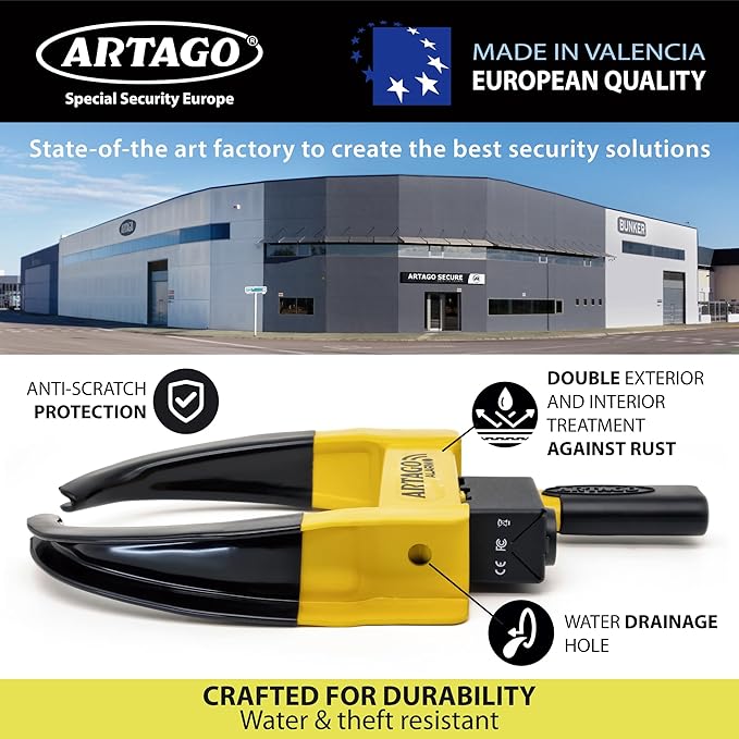 ARTAGO ART872 High-End Wheel Clamp Lock, 2in1 Without/with 120dB Alarm +Night LED Alert, Patented, Heavy-Duty Trailer Wheel Lock, High Security Car Boot, Universal Tire Clamp Anti-Theft for Golf Cart