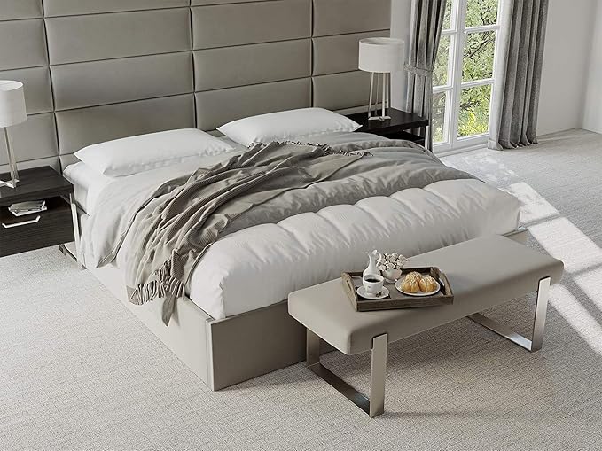 VANT Upholstered Bed Bench - Vintage Leather Grey Pewter - Brushed Nickel - Contemporary Modern, Bedroom Bench Seat, Hallway, or Entryway