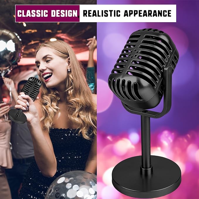 3 Pack Retro Microphone Props Model with Stand Plastic Fake Antique Microphone Stage Table Decor for Classic Party Decoration Costume Prop Pretend Play (Black)