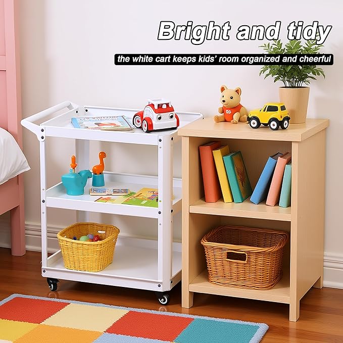 3 Tier Metal Utility Rolling Cart with Wheels, Heavy Duty Storage Organizer Trolley Cart for Kitchen, Bathroom, Office, Bedroom – Multi-Purpose 330Lbs Capacity Utility Cart on Wheels, White