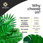 Decopom Artificial Palm Leaves 60-108 Pack - 6 Kinds Large Small Green Fake Palm Leaf with Stems for Safari Jungle Hawaiian Luau Party Table Decoration Wedding Birthday